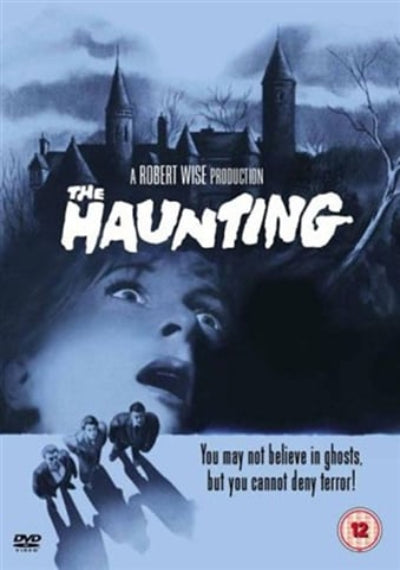 Movie poster for 'The Haunting' with a woman's face and three people in front of a castle.
