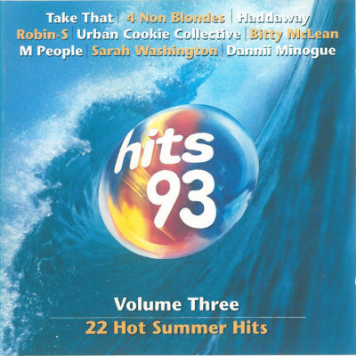 Album cover for 'hits 93 Volume Three' with a colorful sphere and wave design.