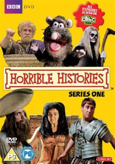 DVD cover of 'Horrible Histories' series one with characters from the show.