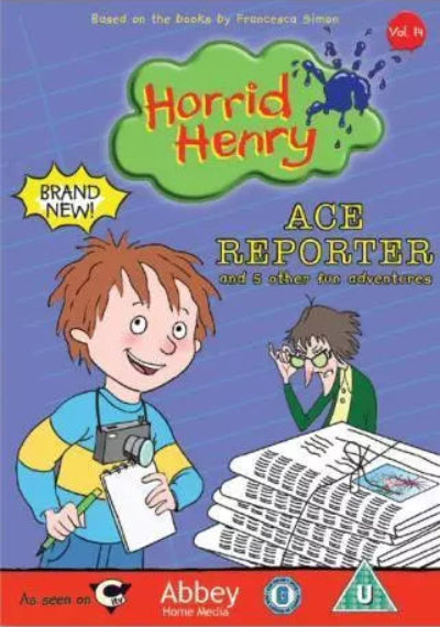 Book cover of 'Horrid Henry: Ace Reporter' with a cartoon boy and girl, and colorful design.