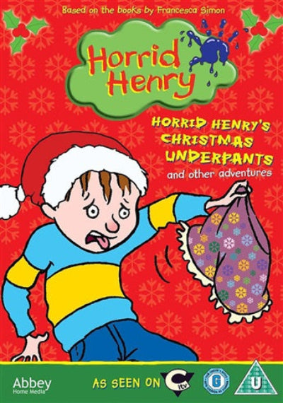 Book cover of 'Horrid Henry's Christmas Underpants' with a child in a Santa hat and colorful underpants on a red background.