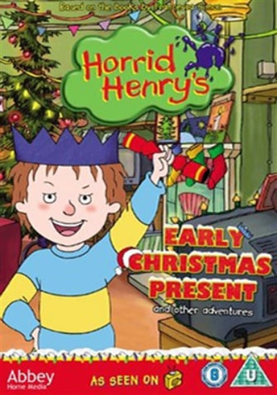 Book cover of 'Horrid Henry's Early Christmas Present' with a child in a blue crown and yellow shirt.