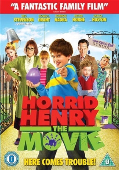 Movie poster for 'Horrid Henry: The Movie' with characters and text on a blue background.