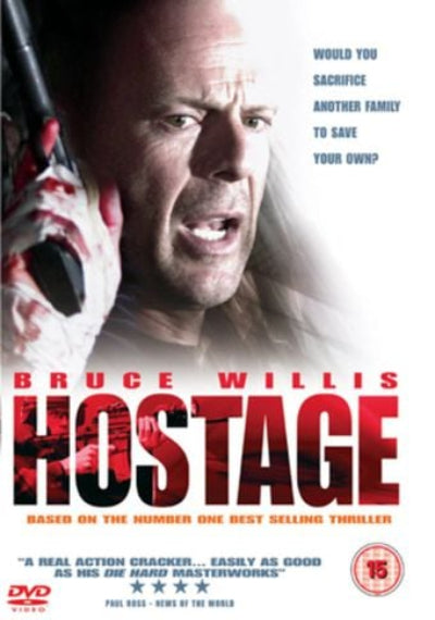 Movie poster for 'Hostage' featuring Bruce Willis with a gun, red text, and DVD logo.