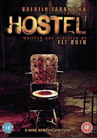 DVD cover of 'Hostel' with a chair and blood on a dark background
