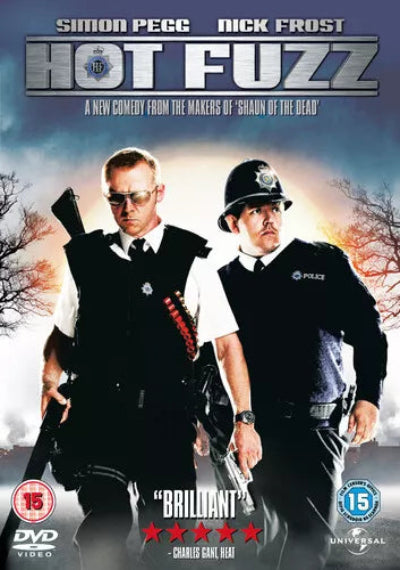 DVD cover of 'Hot Fuzz' featuring two police officers against a snowy background.