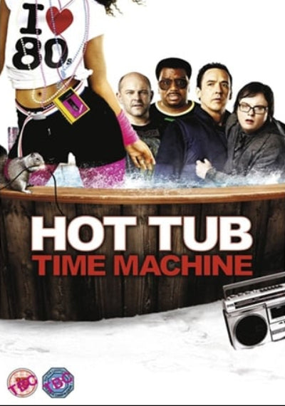 Promotional poster for 'Hot Tub Time Machine' with a group of people around a hot tub.
