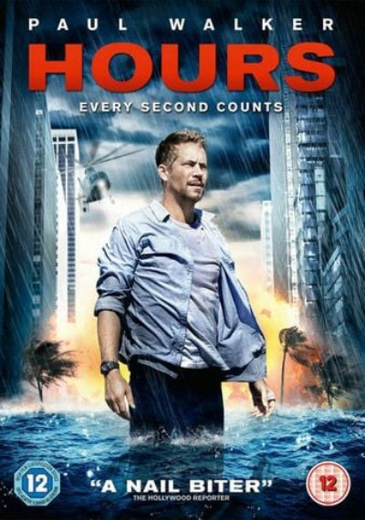 Movie poster for 'Hours' featuring a man standing in water with a cityscape in the background.