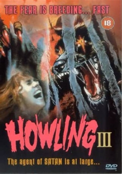Movie poster for 'Howling III' with a creature and a screaming woman, featuring text about the fear of a creature breeding fast.