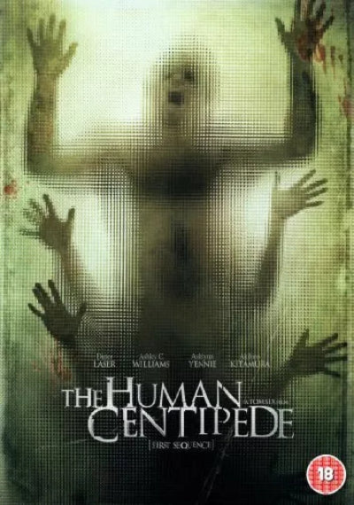 Movie poster for 'The Human Centipede' with a person behind a glass panel and multiple hands reaching through.