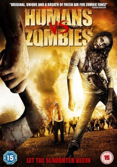 Movie poster for 'Humans vs Zombies' with a zombie and human in a fight scene.