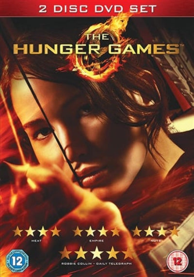 DVD cover of 'The Hunger Games' with a character holding an arrow, featuring the film's title and rating.