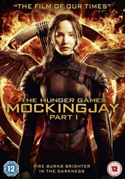 Movie poster for 'The Hunger Games: Mockingjay Part I' featuring a character with wings against a fiery background.