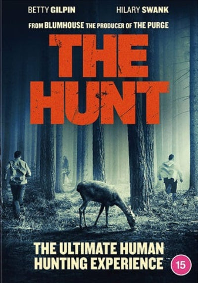 Movie poster for 'The Hunt' with text and image of people in a forest.