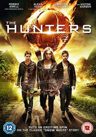 Movie poster for 'The Hunters' featuring three characters and a glowing orb.