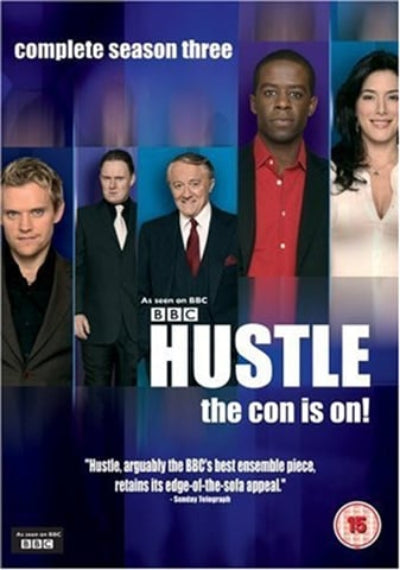 Promotional poster for BBC's 'Hustle' complete season three with four actors displayed.