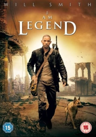 Movie poster for 'I Am Legend' featuring Will Smith and a dog in a post-apocalyptic setting.