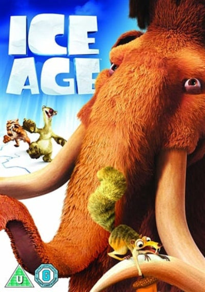 Poster of 'Ice Age' featuring a mammoth and other characters with a blue and white background.