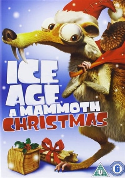 Poster of 'Ice Age: A Mammoth Christmas' with a character wearing a Santa hat and holding a gift.