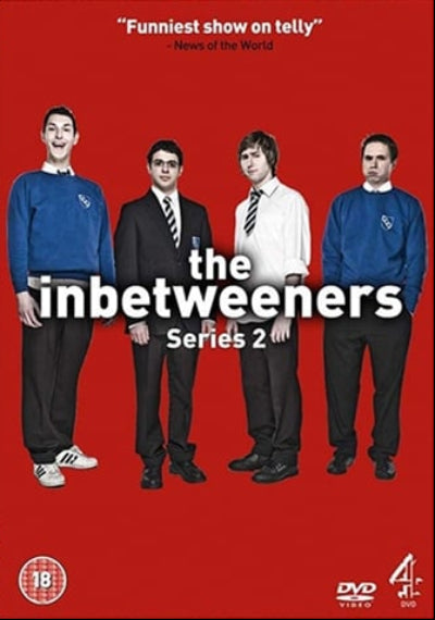 DVD cover of 'The Inbetweeners' Series 2 with four characters in school uniforms against a red background.