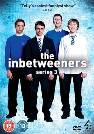 DVD cover of 'The Inbetweeners' series 3 with four characters in school uniforms against a blue background.