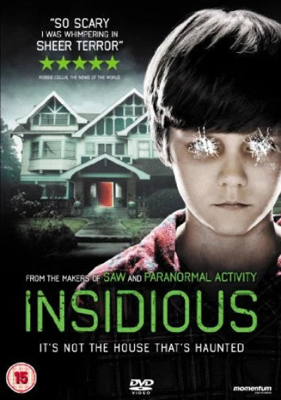 Movie poster for 'Insidious' featuring a young boy with glowing eyes and a haunted house in the background.
