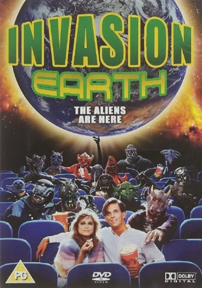 DVD cover of 'Invasion Earth' with alien characters and movie theater scene