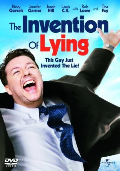 Movie poster for 'The Invention of Lying' with a man in a suit and tie against a blue background.