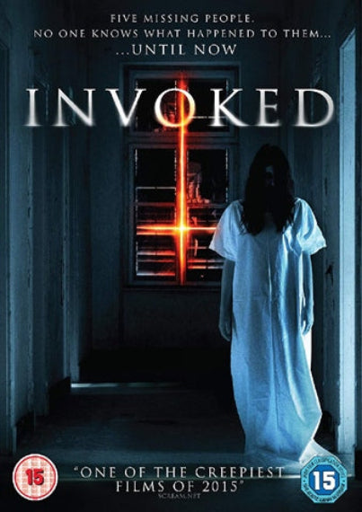 Movie poster for 'Invoked' with a person in a white gown standing in a hallway.