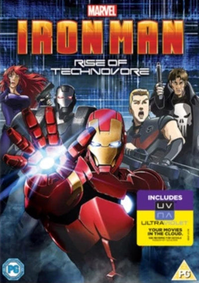 DVD cover of 'Iron Man: Rise of Technovore' with superhero characters and Marvel branding.