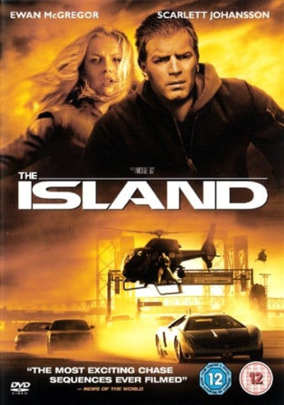 Movie poster for 'The Island' featuring Ewan McGregor and Scarlett Johansson with a helicopter and cars in the background.