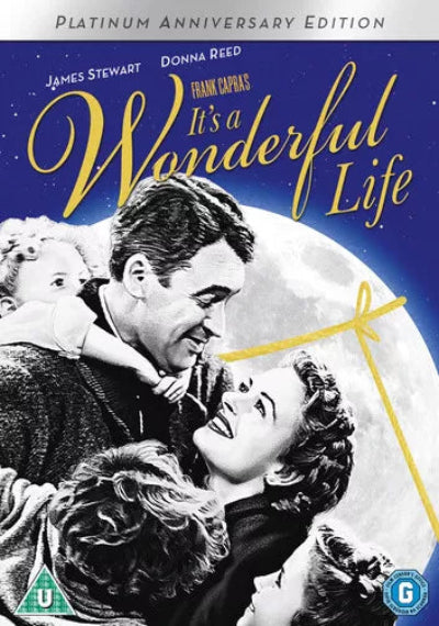 DVD cover of 'It's a Wonderful Life' with black and white image of a family and yellow text on a blue background.