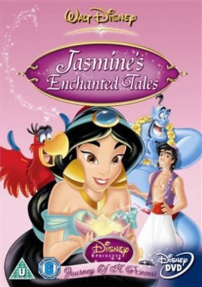 DVD cover of 'Jasmine's Enchanted Tales' featuring Jasmine from Aladdin with Abu and Aladdin on a pink background.