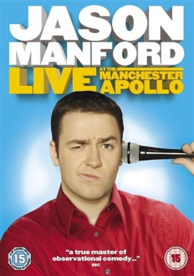 Promotional poster for Jason Manford's live performance at the Manchester Apollo with a blue background.
