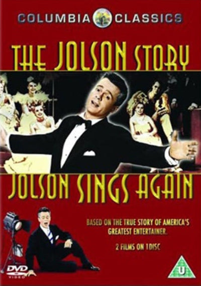DVD cover for 'The Jolson Story' and 'Jolson Sings Again' featuring a black and white image of Al Jolson with a red and green background, and text detailing the film's title and certification.