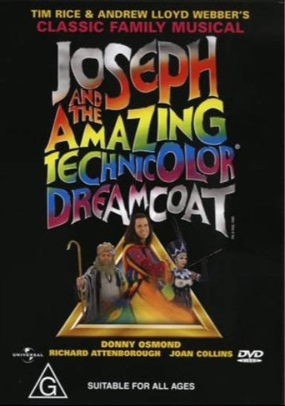 DVD cover for 'Joseph and the Amazing Technicolor Dreamcoat' featuring colorful artwork with characters from the musical.