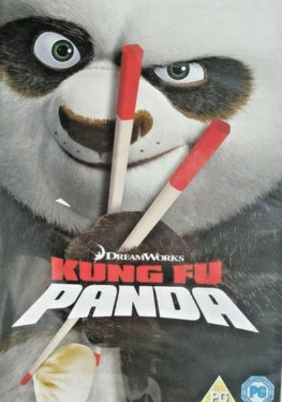 DVD cover of Kung Fu Panda with a panda character holding chopsticks on a white background