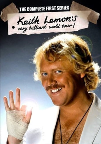 Poster for 'Keith Lemon's Very Brilliant World Tour' with a man in a white suit and bandage on his hand.
