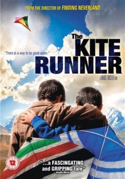 Movie poster for 'The Kite Runner' with two people hugging and a kite in the sky.