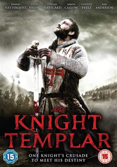 Movie poster for 'Knight Templar' featuring a knight holding a sword with a battle scene in the background.