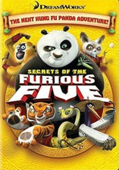 DVD cover of 'Secrets of the Furious Five' featuring animated characters on a yellow background.