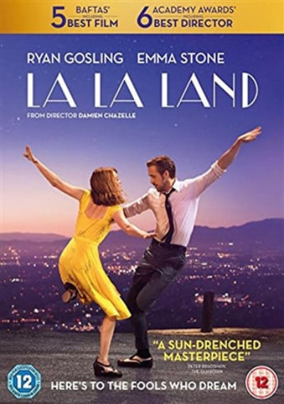 Movie poster for 'La La Land' featuring two dancers with a cityscape background.
