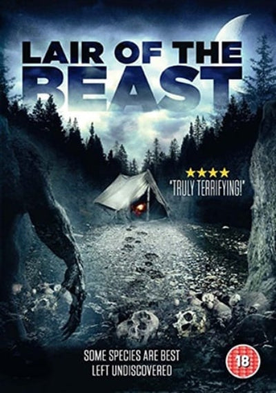 Movie poster for 'Lair of the Beast' with a creature's arm, camping tent, and skull.