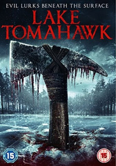 Movie poster for 'Lake Tomahawk' with a frozen axe in the snow.
