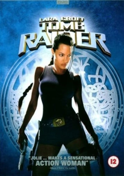 Movie poster for 'Tomb Raider' featuring a character in a black outfit with a blue background.