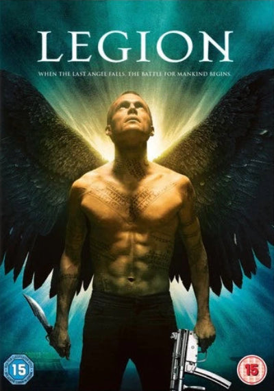 DVD cover of 'Legion' with a man with wings holding a gun against a blue background