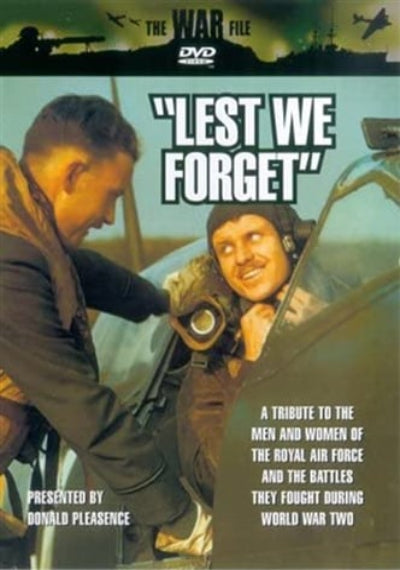 DVD cover of 'Lest We Forget' featuring two men in military uniforms with a World War Two theme.