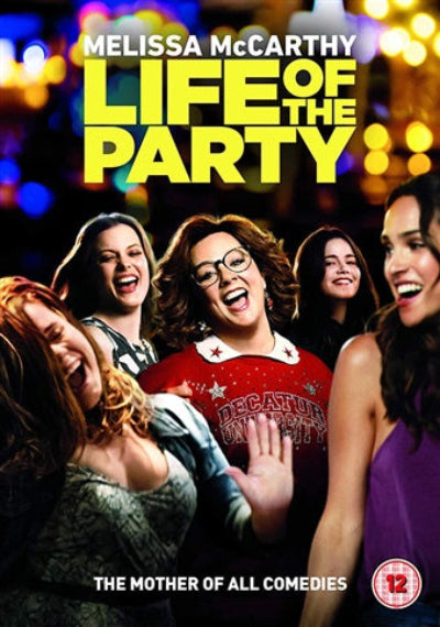 Movie poster for 'Life of the Party' featuring four women laughing with colorful lights in the background.