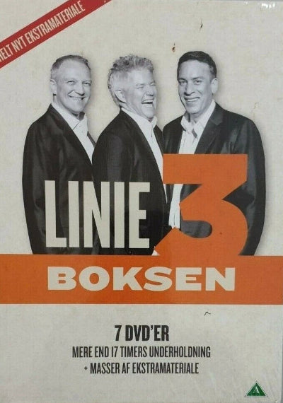 DVD box set cover featuring three men with text about 'Linie 3 Boksen' on a beige background.