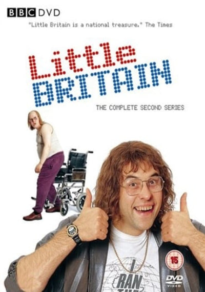 DVD cover of 'Little Britain' with a man giving a thumbs-up and another person in a wheelchair.